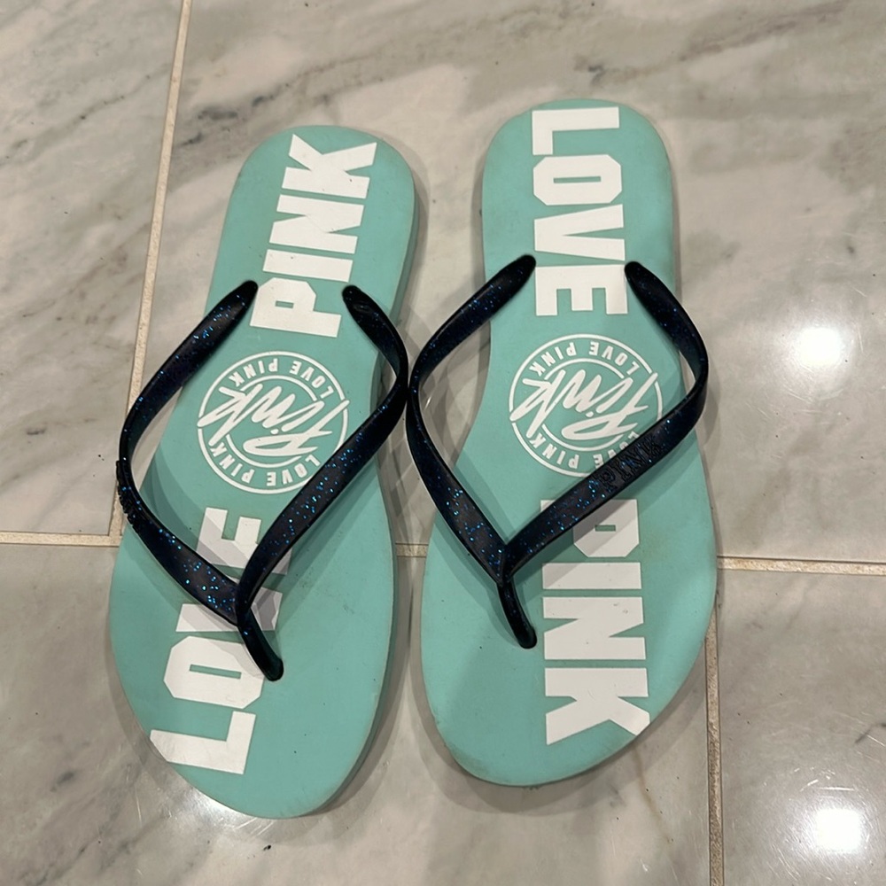 Pink Women’s Flip Flop. Teal and White. Says Love Pink. glitter finish on strap
